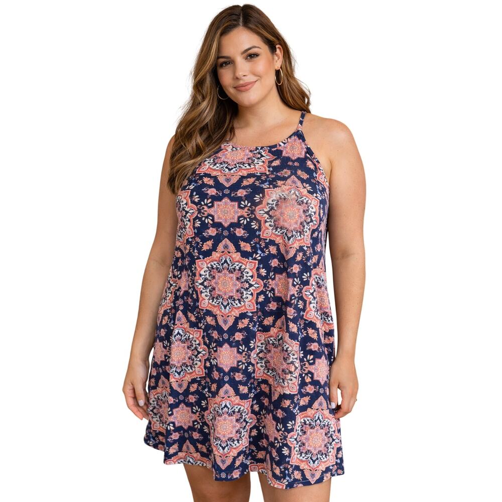 French Grey Sleeveless Medallion Swing Dress Navy Coral – Size L